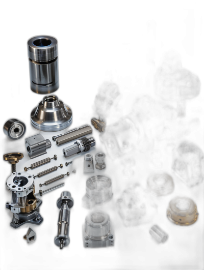 A high resolution product photo of various small and large metal parts for an aluminum pump, with other mechanical components, on a black background in a dark theme, in the hyper realistic style of advertising photography, with studio lighting from a low angle using a macro lens and wide angle to keep sharp focus.