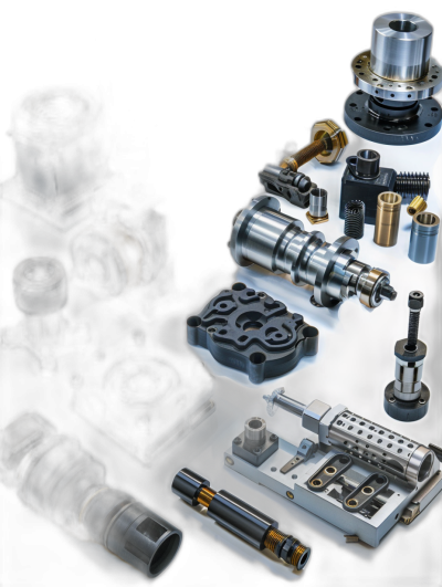 A photorealistic collage of various machine tools and components, illuminated by bright white light against a dark background. The focus is on the intricate details and materials used in each piece, showcasing their precision craftsmanship. This design emphasizes product quality and attention to detail for commercial advertising or promotional material use. High resolution, high quality lighting, detailed textures, in the style of product photography.