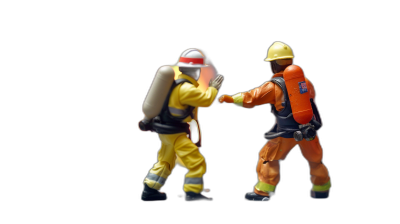 2 very small plastic toy figures of an emergency firefighter and construction worker fighting, included with liquid, on a black background with high detail, in the style of an emergency liquid.