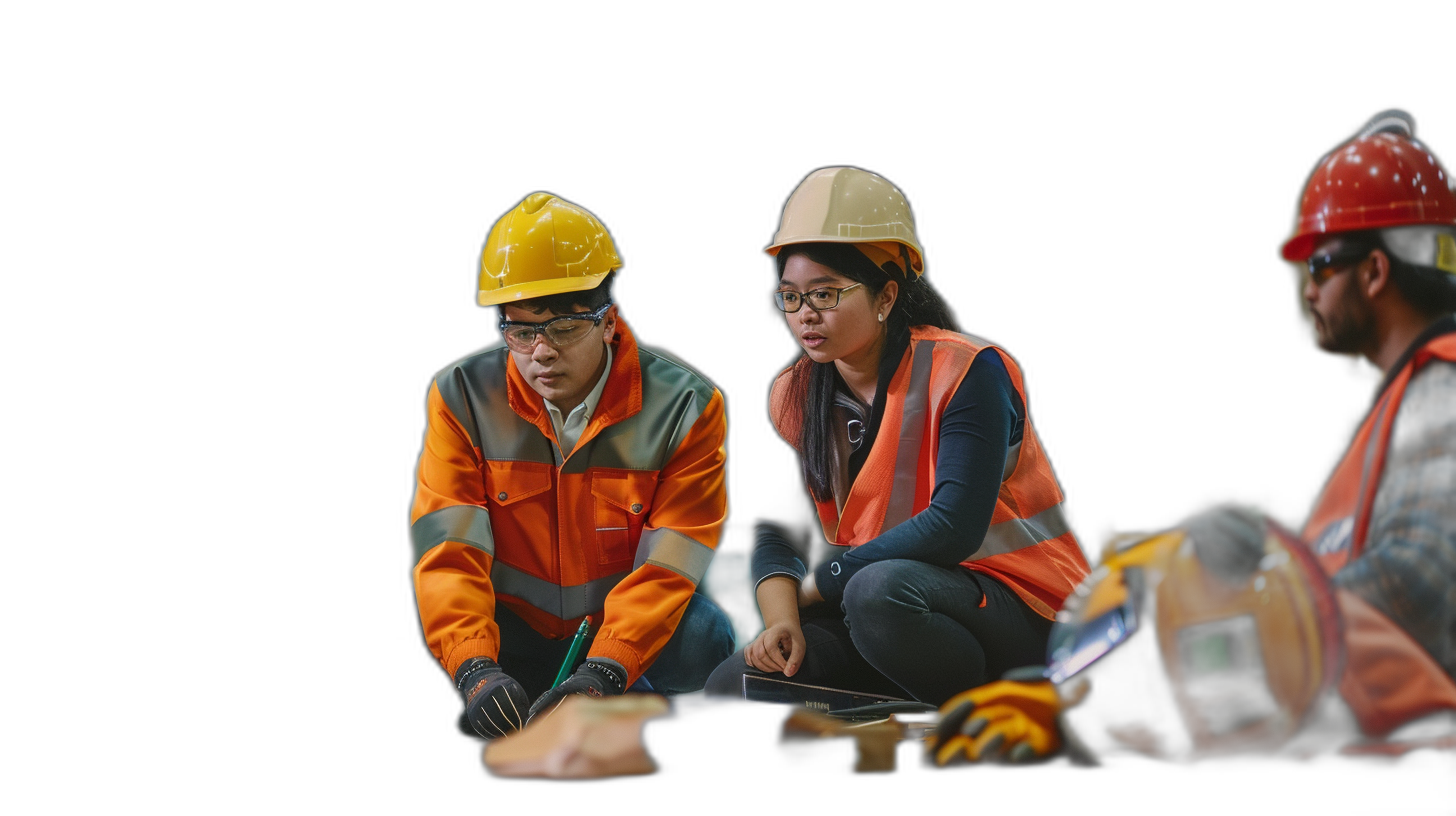 asian construction workers having an isolated meeting with one woman wearing safety helmet and orange vest, black background, hyper realistic photography