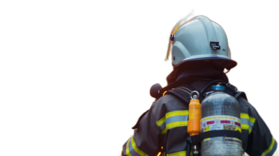 Firefighter with oxygen tank on back, seen from behind against a black background in the style of photo realistic.