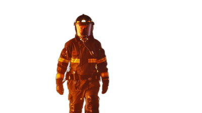 A full body shot of a fireman in his suit and helmet on a black background, illuminated in the style of orange light from the front, centered composition, low angle shot, photorealistic, cinematic style, hyper realistic style, 35mm film still.