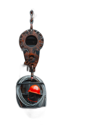 industrial crane hook with red helmet inside, on black background, hyper realistic photography