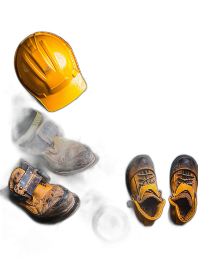 photo of construction helmet, shoes and boots on black background, high resolution photography