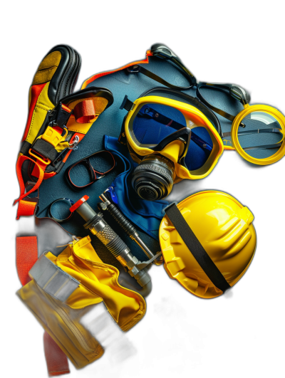 professional photography of the construction worker's gear, helmet and safety glasses laying on black background, yellow color palette, bright colors, high contrast, high resolution, high detail, high quality, hyper realistic, hyper detailed, hyper photorealistic, octane render, volumetric lighting, 85mm lens