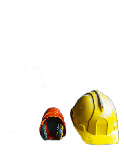 A yellow construction helmet and an orange one on a black background, in a closeup, professionally photographed style.