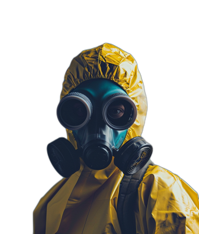 a person wearing yellow hazmat suit and blue gas mask, black background, photography, close up portrait, canon eos r5