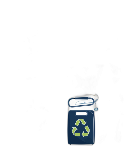 A blue glowing power bank with the Dresser symbol and an illustrated recycling bin on a black background, a simple flat illustration in the minimalistic style, a high resolution vector image.