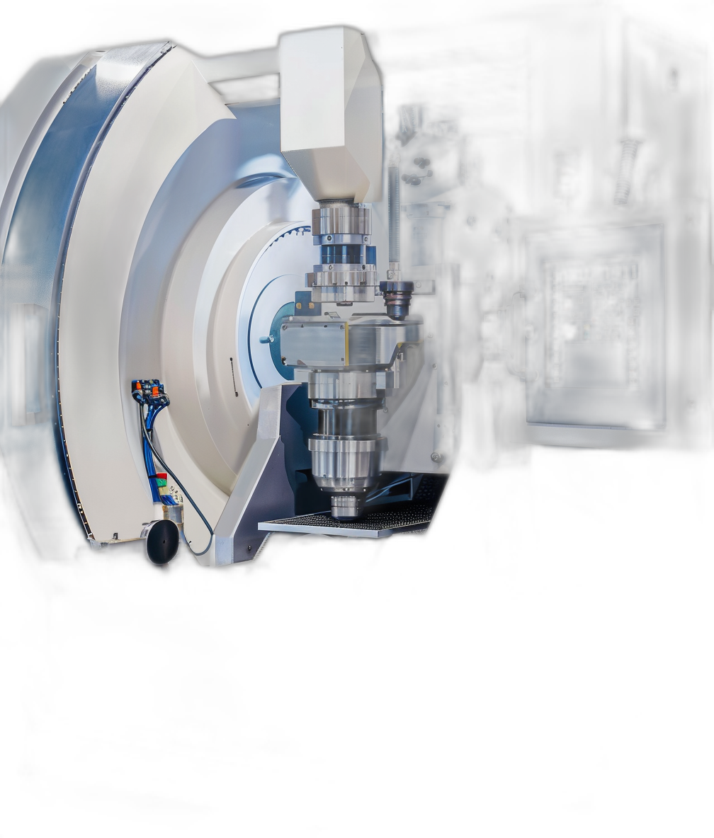 A large white and blue cylindrical vertical Machine vandalism, with an embedded cnc carving machine in the middle of it, on black background, high resolution photography, product shot, high quality, high detail, high definition, hyper realistic, sharp focus, depth field, professional lights,