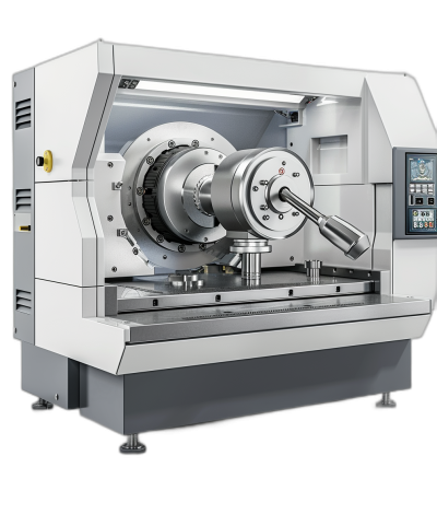 A large and modern lathe machine for turning, on which an aluminum part is being turned using digital fragmented tools. The workhead has two side showcases displaying various tools used in the style of ponying, all illuminated by bright white light against a black background.