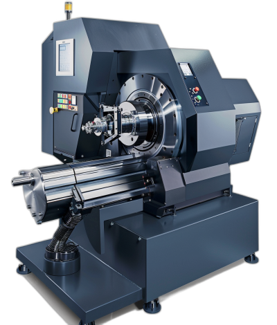 Modern electric lathe with laser for aluminum and steel plasma thinming, large main Mason hyperfine machine. High precision lathe for machine cold melting of materials on metal vines in an industrial environment. Blue gray color. Black background. .