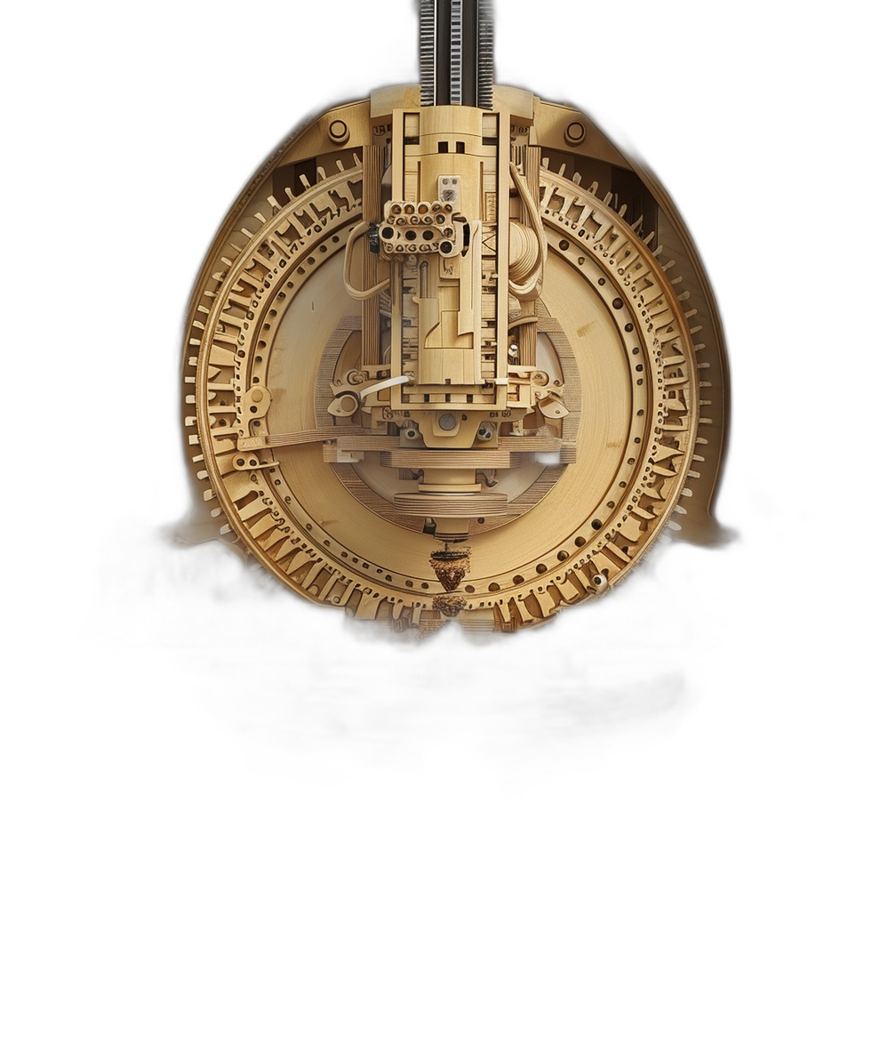 Front view of an ancient golden clockwork device, the center part is made from wood and has gears with many small dials, on a black background with a front light source and volumetric lighting. It is a high resolution rendering of a super detailed studio photography shot in a cinematic and fantasy art style in the style of H.R. Giger.