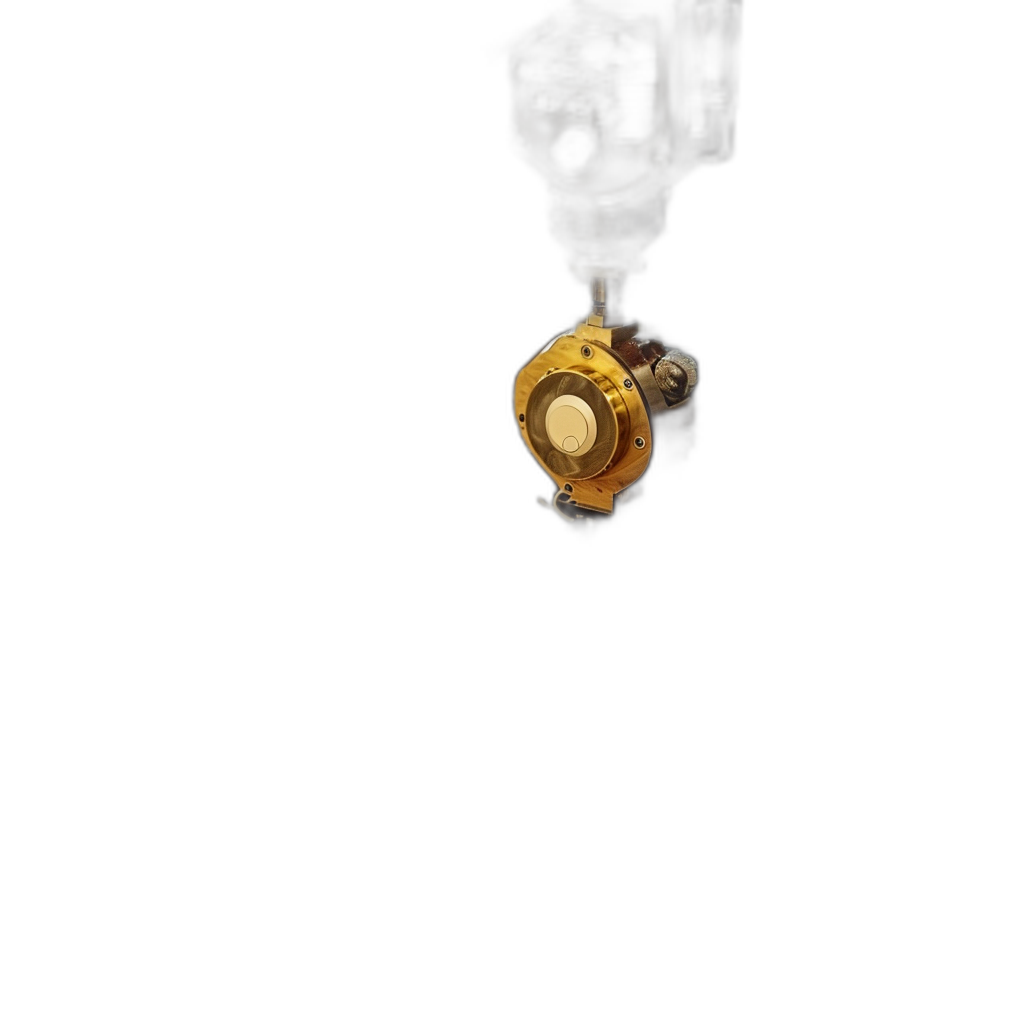 A yellow gold round mechanical device floating in pitch black space, minimalistic, simple, with a dark background and cinematic lighting in a close up view.