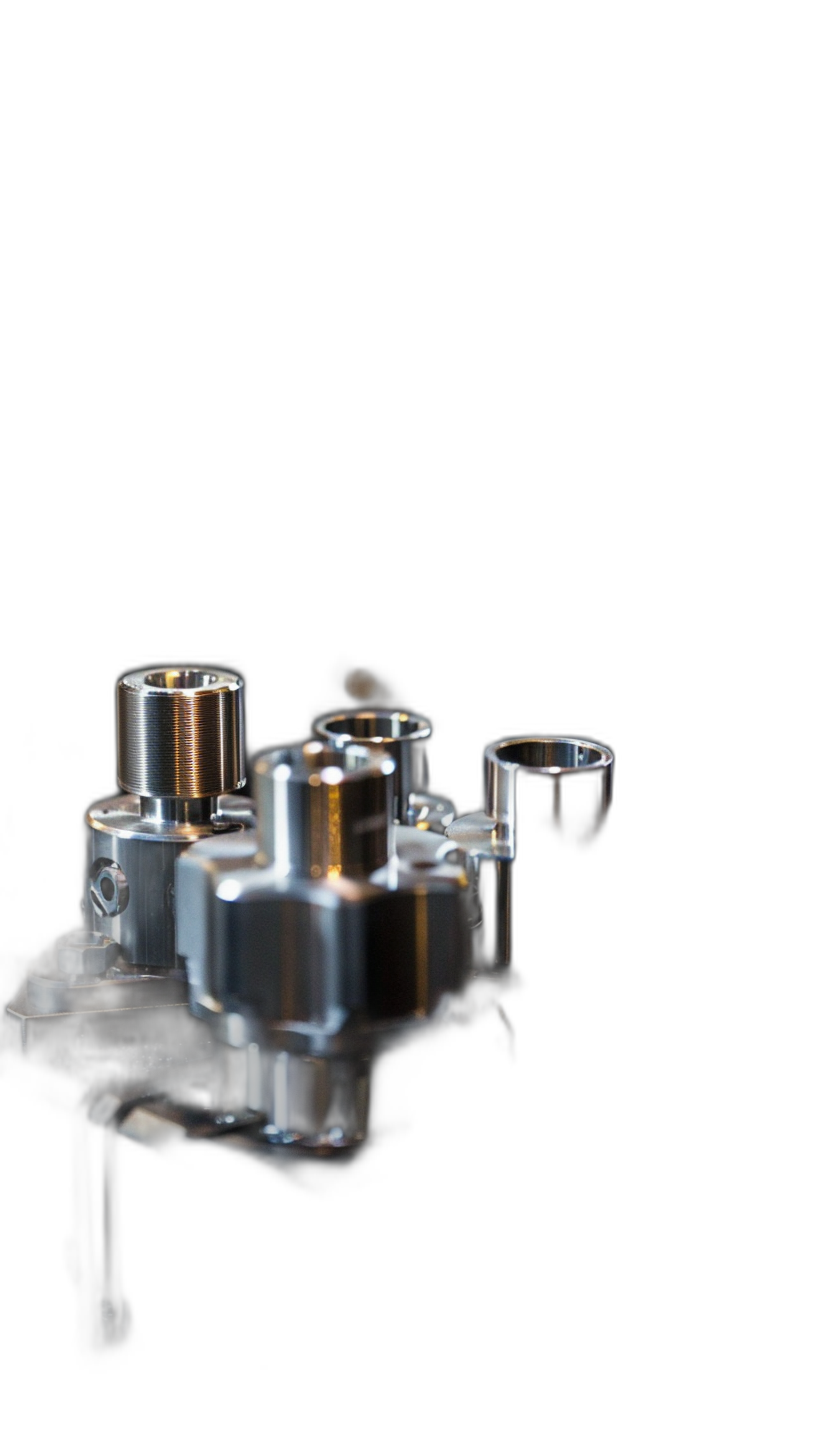 A photo of silver mechanical parts, solid black background, high resolution