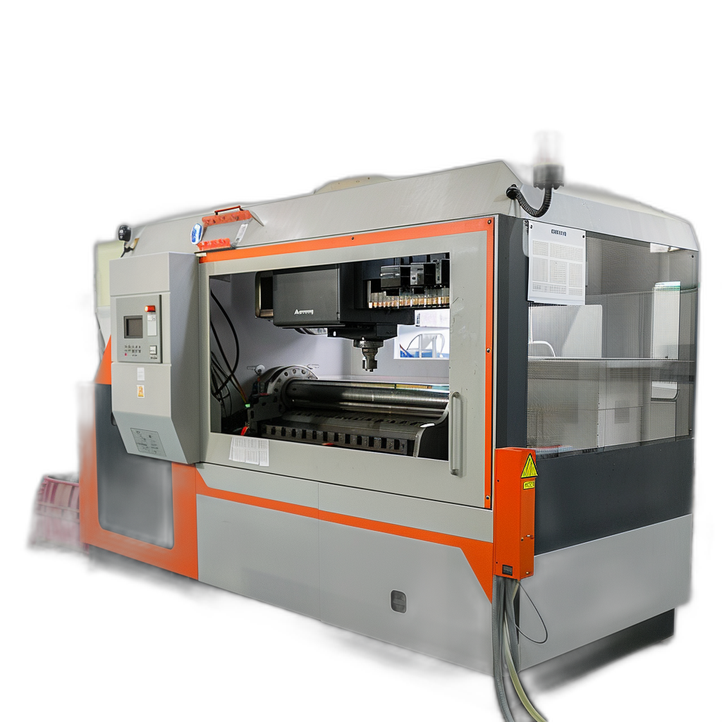 A large machine with an orange and white color scheme, featuring multiple laser engraving machines inside the main body of its front panel. The black background creates strong contrast between light gray metal material and highcontrast lighting. It is captured in a fullbody shot with a side view angle, showcasing a sense of technology. In perspective photography, it presents a clean composition with a 45degree viewing Angle. This scene embodies industrial design aesthetics.