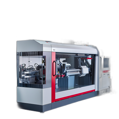 Photo of a modern machine for extrusion printing on glass, shown from the front, with white and red color elements and a black background under studio lighting, rendered in a hyperrealistic style.