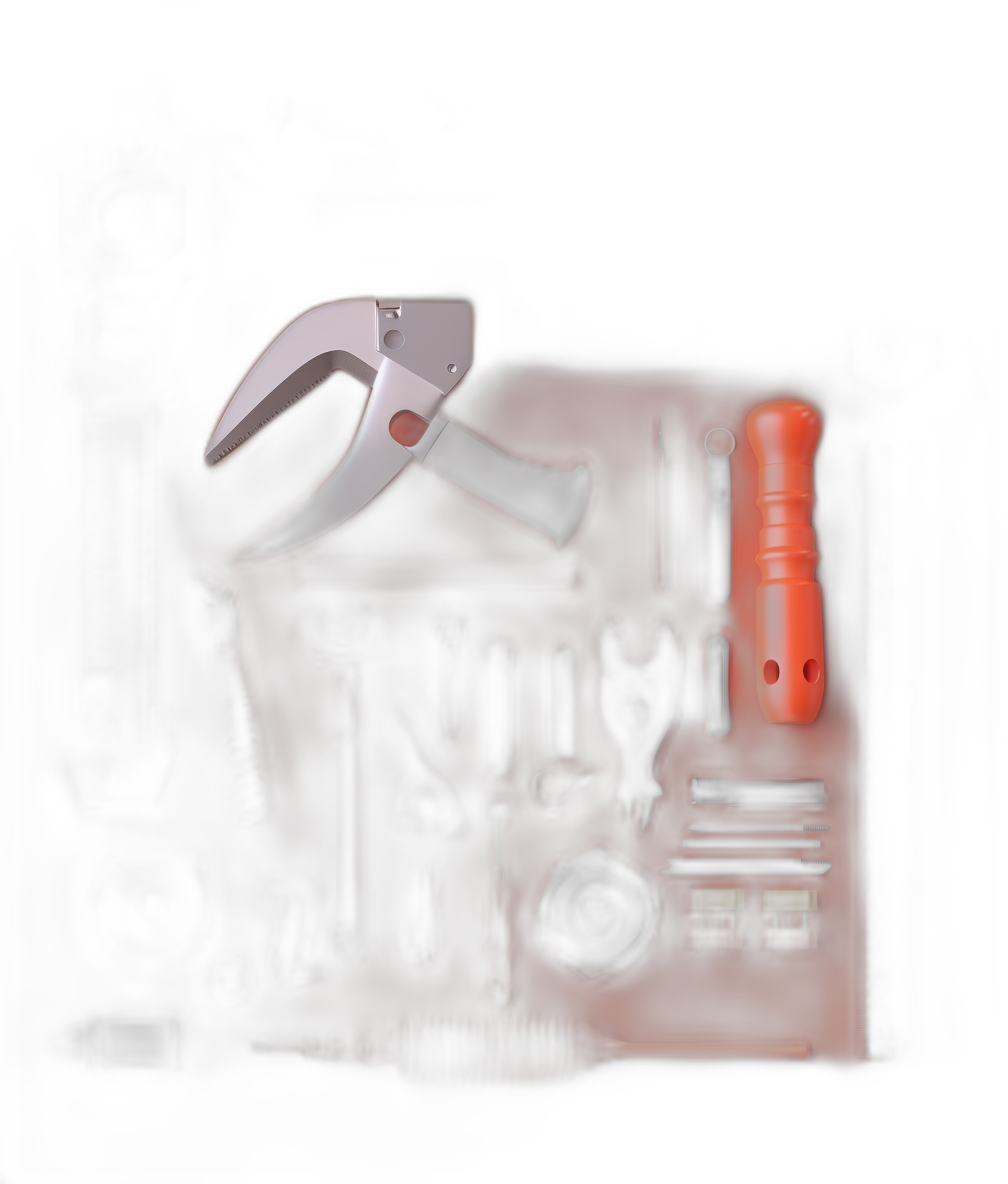 A set of tools is placed on the black background, including an orange hammer and various other colorful small tools. The tools glow slightly in front of them, creating a mysterious atmosphere. In between these items lies another red tool with a white handle. This is an illustration created using digital techniques to emphasize realism and detail. It features a dark color scheme with soft lighting, showcasing intricate details and textures in the style of realistic digital art.