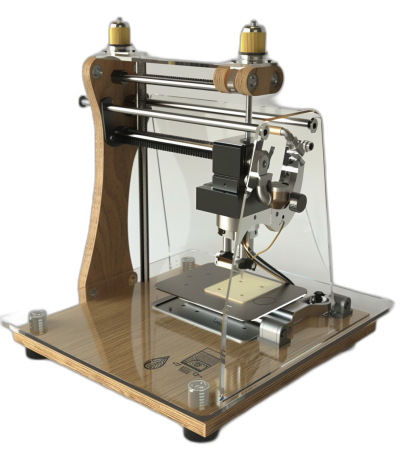 A small wood and glass CNC machine with an embedded laser precision printer. A single platform table top made of transparent acrylic, with three mechanical arms for printing on the bottom side. Three large wheels at each corner of one end, two light yellow rubber bolts attached to metal boom sneakers at the other ends. A simple design with minimalism, on a black background in a 3D rendering from a 45 degree perspective angle, in the style of minimalism.