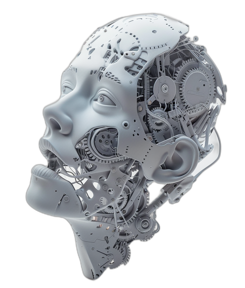 3D render of a white plastic head made from many parts and gears against a black background in a hyper realistic style.