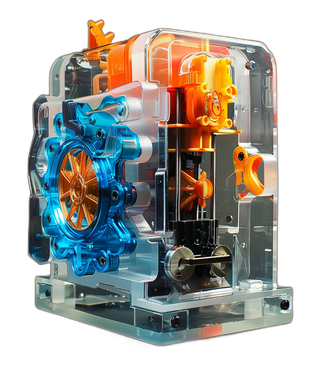 in transparent acrylic box, blue and orange translucent plastic model of electric motor with gear set, with black background, 3d rendering, studio lighting, high resolution photography, insanely detailed, fine details, isolated on white clean background, stock photo, professional color grading, hyper realistic