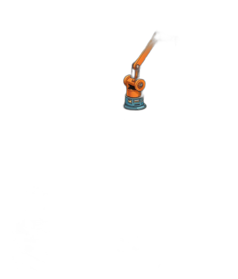 A minimalistic illustration of an orange robot arm holding blue jeans, floating in the air on a black background with low light and a spotlight. The illustration is in the style of a minimalistic artwork.