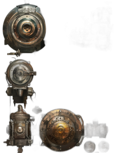 concept art of an old steampunk robot, detailed texture, metallic elements, front view, side and top views, solid black background,