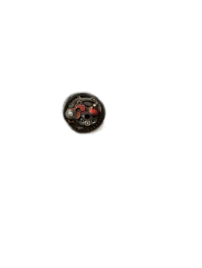 Top view of a tiny cute steampunk mechanical button floating in a pitch black space, 3D rendered in the style of Blender, Unreal Engine and Octane Rendering, with hyper detailed volumetric lighting for a hyper realistic effect.