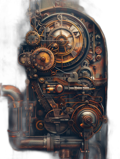 Steampunk, mechanical gear machine in dark background, front view, hyper realistic oil painting with visible brush strokes by concept art artist. Detailed and intricate design.