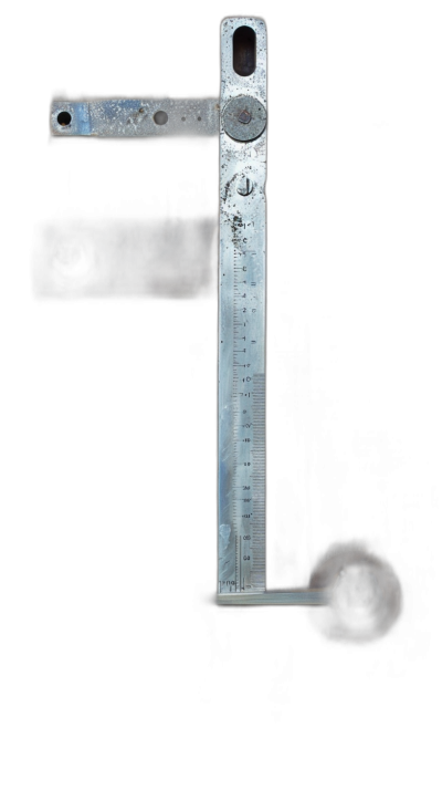 A photograph of an old metal handystand pro Kylie with ruler, black background, product photography in the style of Kylie.