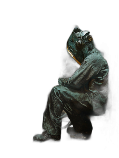 high resolution side view of an old bronze statue sitting on the ground with his head in hands, wearing overalls and helmet with light inside it, black background, hyper realistic photography