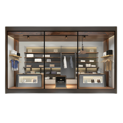 3D rendering of a  store window display with wooden shelves and LED lights against a black background in a simple style, with some men's  hanging on hangers inside the glass cabinet. There is an open box displaying shoes in front of it. The interior decoration features a dark gray color scheme and modern minimalist design. It has empty space above the shelf for product displays.