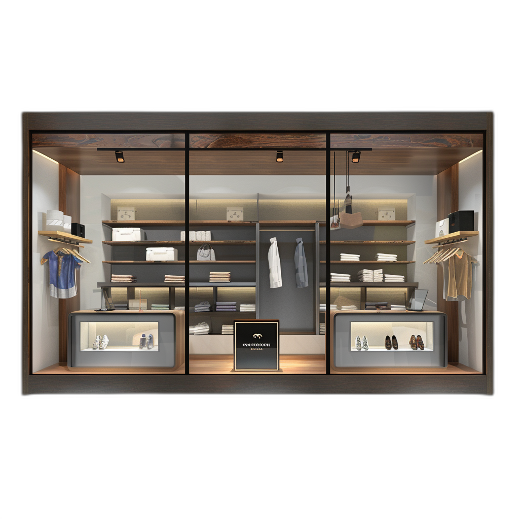 3D rendering of a  store window display with wooden shelves and LED lights against a black background in a simple style, with some men’s  hanging on hangers inside the glass cabinet. There is an open box displaying shoes in front of it. The interior decoration features a dark gray color scheme and modern minimalist design. It has empty space above the shelf for product displays.