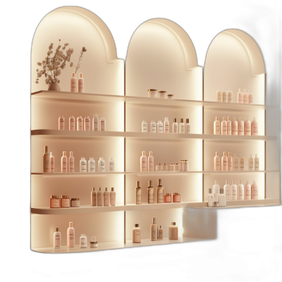 A white wall with an arched display case containing bottles of skin care products, in a minimalist and modern style, against a pink gradient background with soft lighting. The shelves have various beauty product containers on them, creating a sense of luxury. It is presented in a frontal perspective against a black background, captured in the style of Canon camera for product photography. This design adds a touch of elegance to the overall aesthetic.