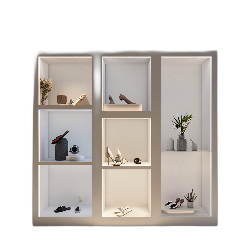 A white window with shelves, displaying shoes and accessories in an open space against a black background in the style of minimalism. The 3D rendering was created in cinema4D and rendered with Octane Render at a high resolution.