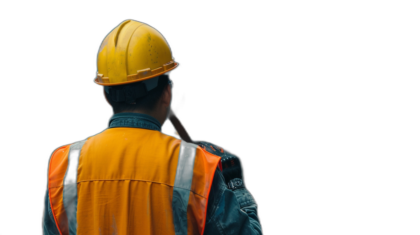 Back view of a construction worker in uniform and helmet standing alone on a black background, in the style of copy space concept