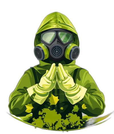 A person wearing green protective , hands clasped together in prayer with the earth behind them. The character is wearing an hazmat suit and gas mask. Vector illustration style. Black background. High resolution vector graphics.