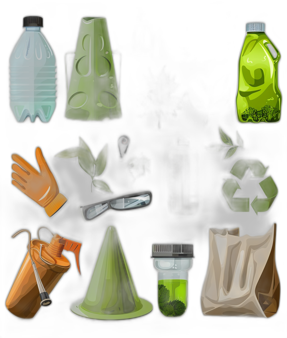 game icons for items that can be found in the environment, such as plastic bottles and paper bags, green plants, gloves, medical waste. Black background. In the style of mobile games graphics. The colors should include shades of dark gray with accents of bright greens or blues. These icons could represent different types of items, incorporating elements like trash cans, recycling tags, green leaves to symbolize environmental themes.