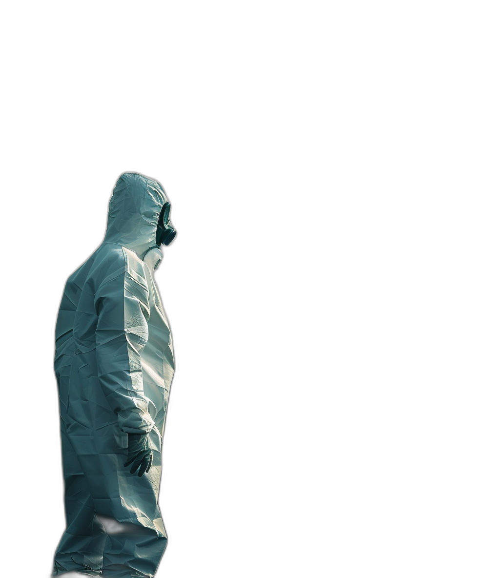 A man in a white hazmat suit standing on a black background, full body, wide angle, minimalism, negative space, high resolution photography, hyper realistic, detailed, plain black background, high quality. The image is in the style of minimalism with negative space and is in the style of hyper realistic detail on a plain black background.