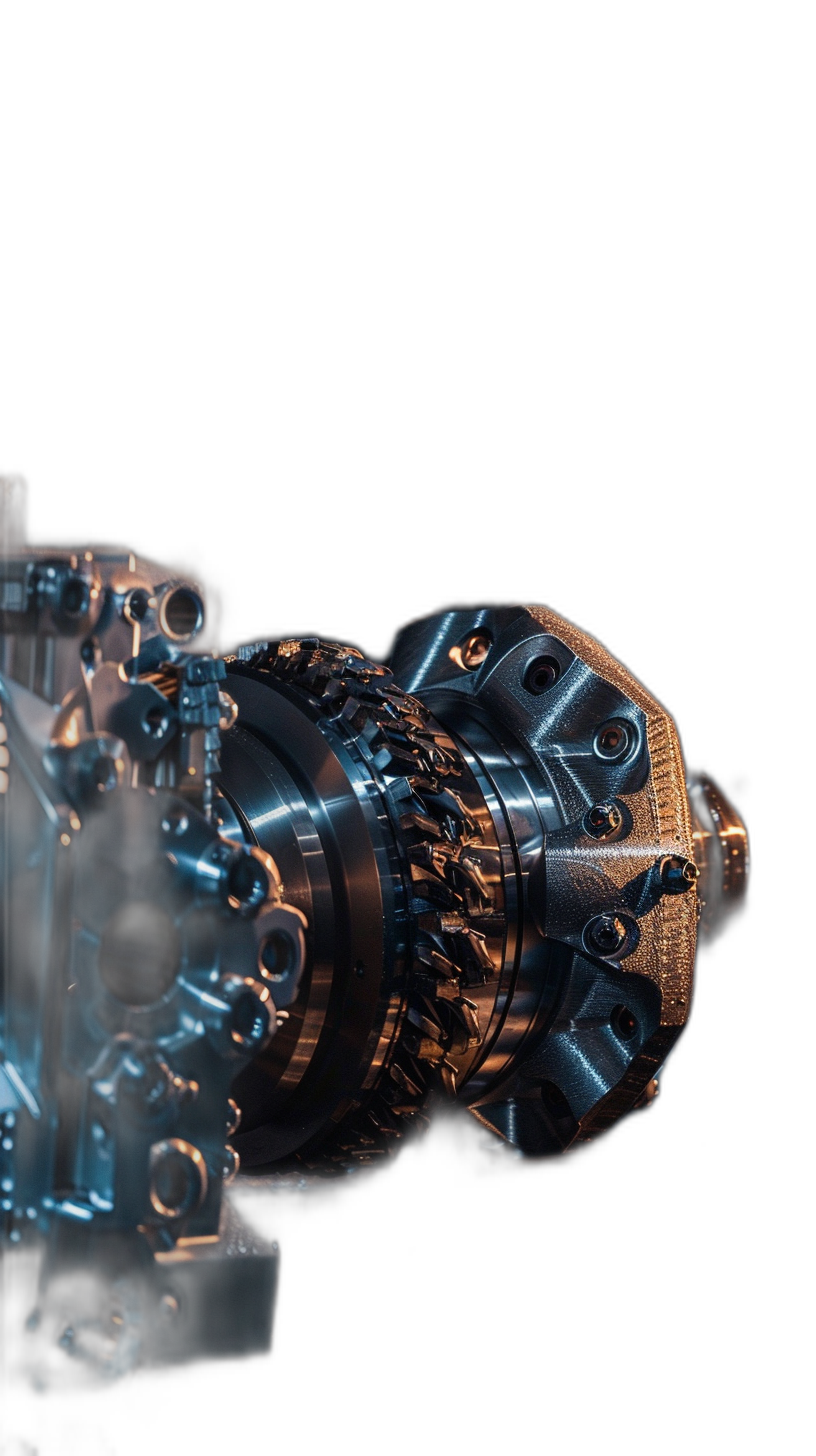 Closeup of the main transfer drive for a motor car against a black background, in the hyper realistic photography style.