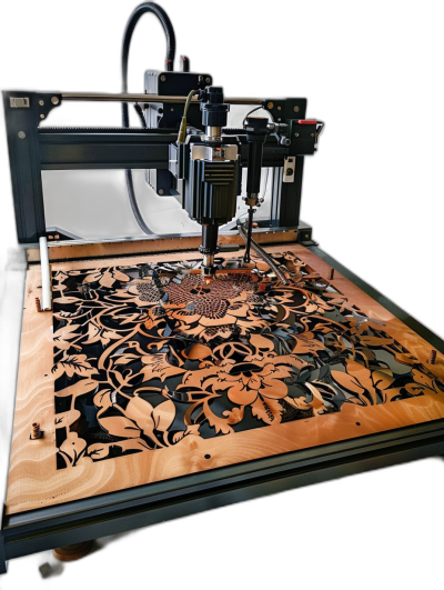 laser engraving machine with laser head and wood material on the table, intricate cut out of floral pattern on surface, dark background, hyper realistic