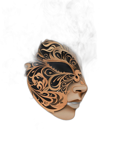 A paper cut of an elegant female mask with a dark background, in the style of a simple and clean cut, with ornate filigree designs in a copper color on it, with high contrast and strong shadows creating a mysterious atmosphere, in a hyper realistic and photorealistic style.