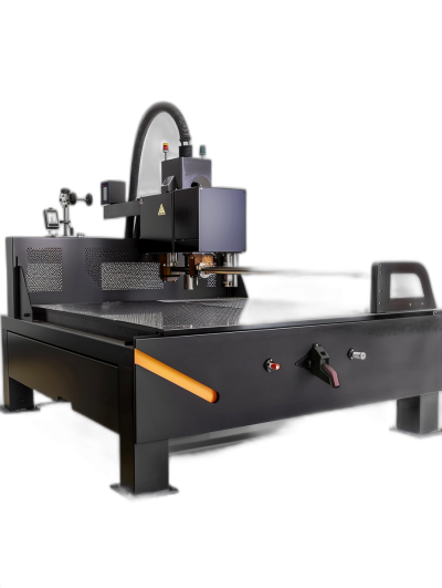 A large black CNC machine with an orange laser on it, the table top surface containing metal and glass materials. High resolution product photography in the style of hyper realistic on a dark background, depicting an industrial design scene with studio lighting in a long shot.