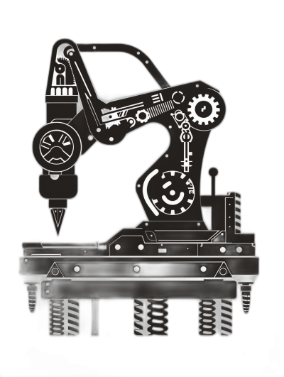 Black and white vector illustration of an industrial robot arm on black background, with gears and spring in the design, 3d render