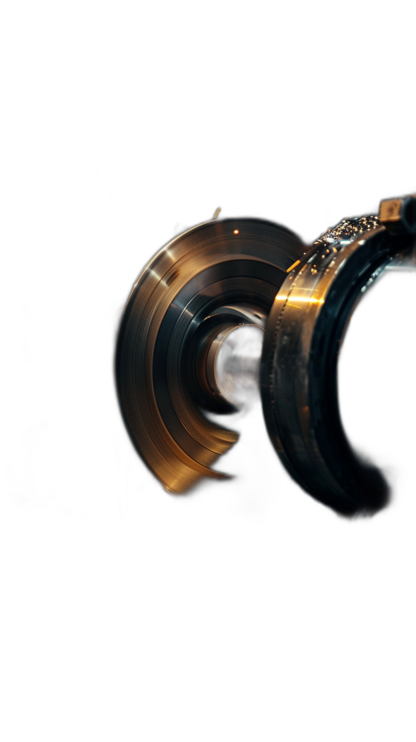 Closeup of an engine part turning with motion blur against a black background in the style of minimalism with negative space and a golden ratio composition in sharp focus with soft studio lighting and a cinematic style.