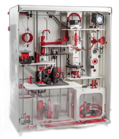 A white plastic cabinet with red accents, containing various tools and machinery for printing on a black background. The scene includes multiple doors open to reveal different areas of the machines interior, showcasing its complex structure and equipment. There is also an assortment of wires and tubes connecting parts inside, in the style of an technical diagram.