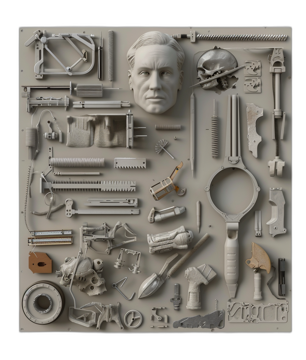 A white plastic model of the face and body parts of David Parkinson surrounded by tools, materials and objects on an isolated black background. The entire composition is made up only from these items, in the style of David Parkinson.