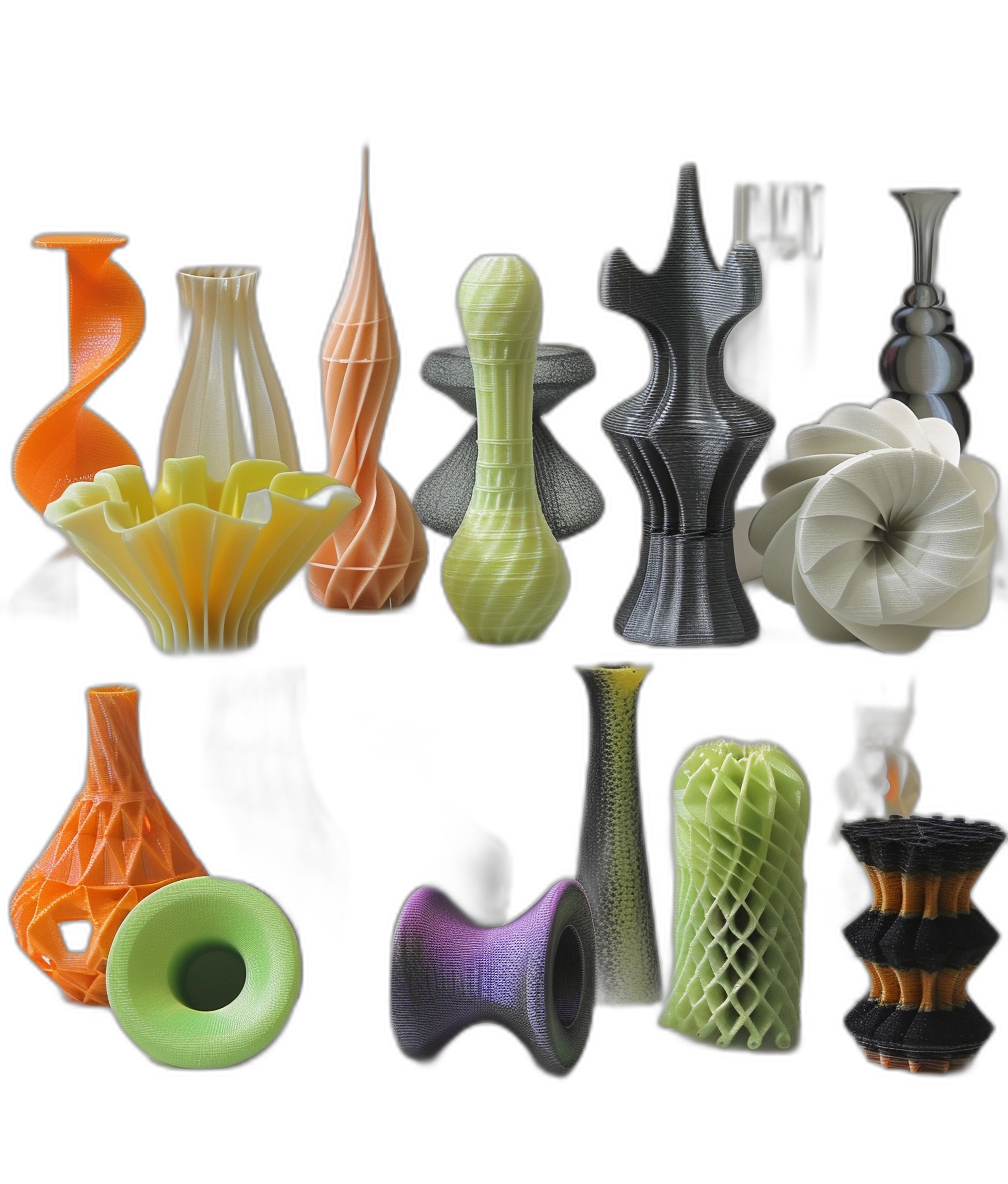 3d printed vases and other objects, black background, various shapes and styles, different colors, with one purple, green, orange, yellow and white vase in the center of each set.