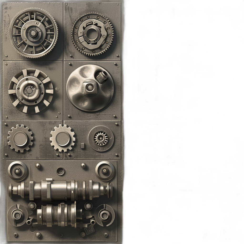 a dark gray metal panel with gears and cogs on it, on the left side of the panel there is a large gear, on black background, scifi style, cyberpunk style, top view, closeup, hyper realistic photography