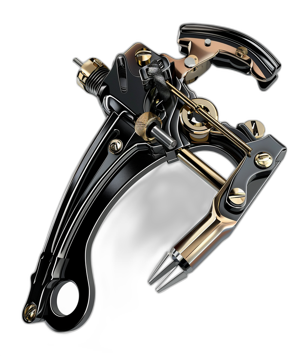 Black and gold vintage art deco tattoo machine for tattooing the body with two brass pliers on top of each other in a perspective view, against a black background, in the style of a hyper realistic octane render.