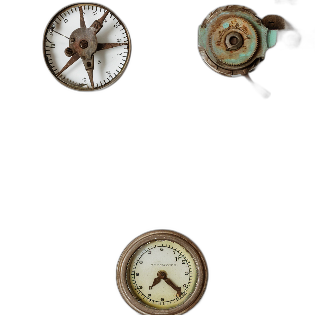 3 old and worn steam punk style clocks floating in the air on a black background. One of them is an hour glass with a white face, in the style of metal gear wheel and green hand. The third clock looks like a compass, minimalistic and simple with no shadows.